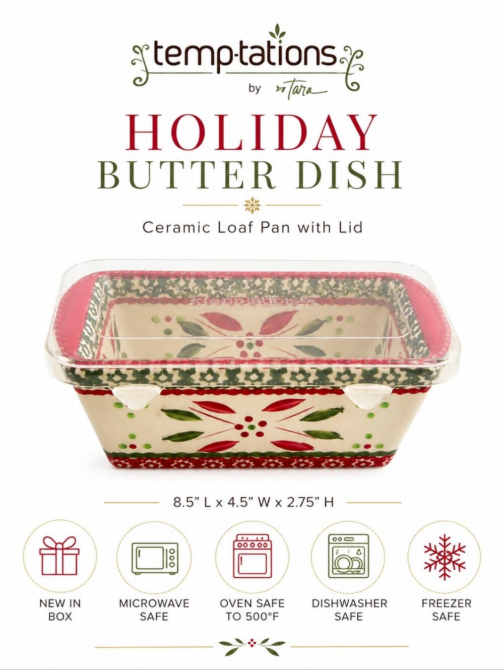 Temptations by Tara Holiday Loaf Pan / Butter Dish with Lid – New in Box